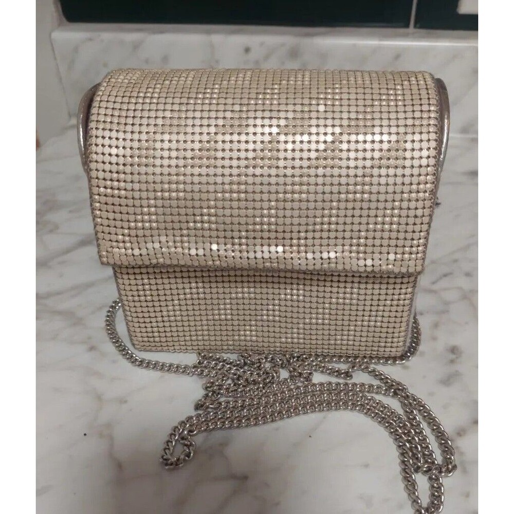 Vintage Whiting & Davis Crossbody Metal Mesh Evening Flap Square Bag Rare Biege